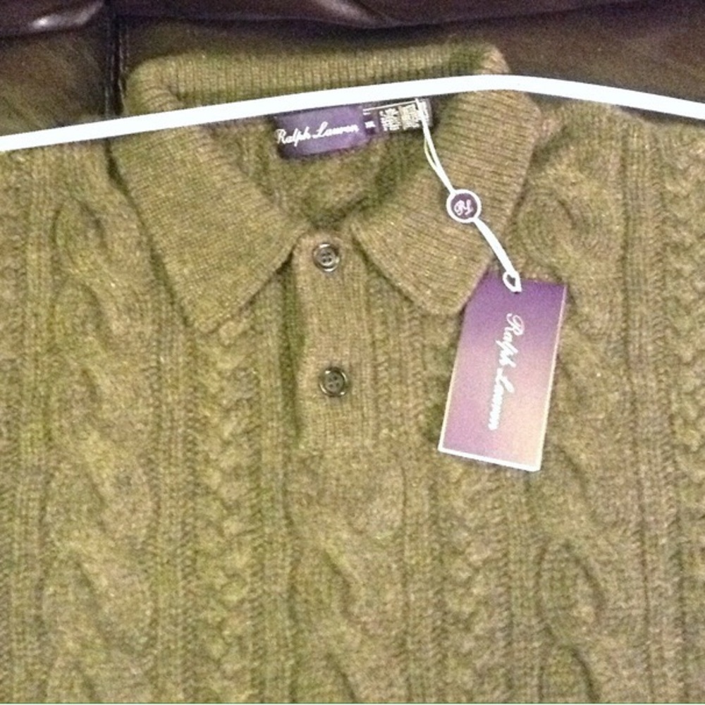 Ralph Lauren Purple Label Cable-Knit Olive Green Luxury Cashmere Polo Sweater - Picture 8 of 16